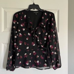 Banana Republic Wrap Blouse Small Black Purple Ivory Flowers